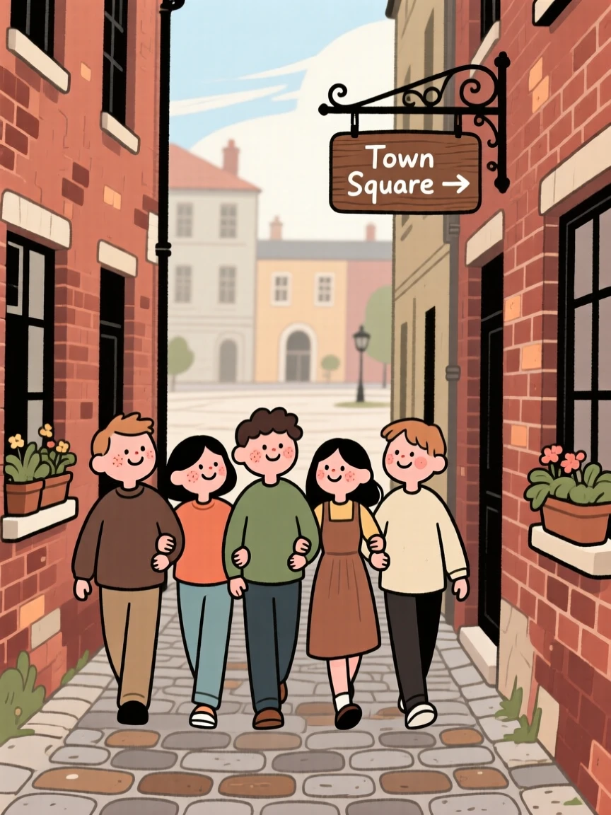 A group of friends link arms and walk down a narrow alley lined with old brick buildings, heading toward the town square.