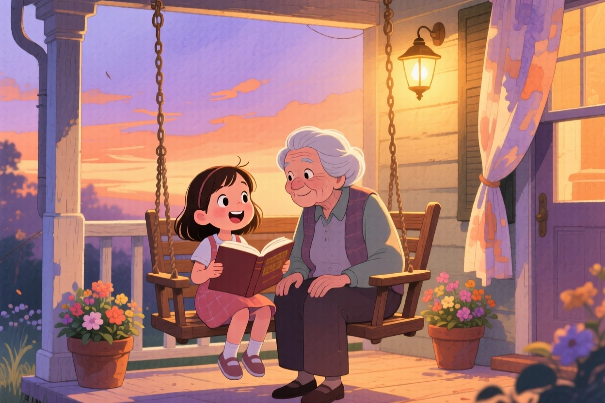 A little girl reading to her elderly neighbor on a porch swing, framed by warm porch light at dusk, radiating kindness, hope, and heartfelt emotion.