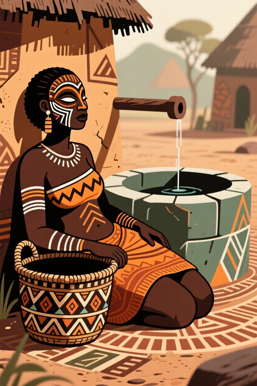 A woman resting with a basket beside a village well.