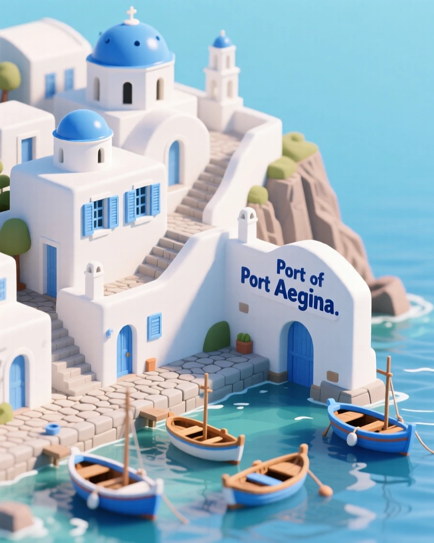 A miniature Greek island town with whitewashed buildings cascading down a cliff to a harbor filled with blue-hulled fishing boats.