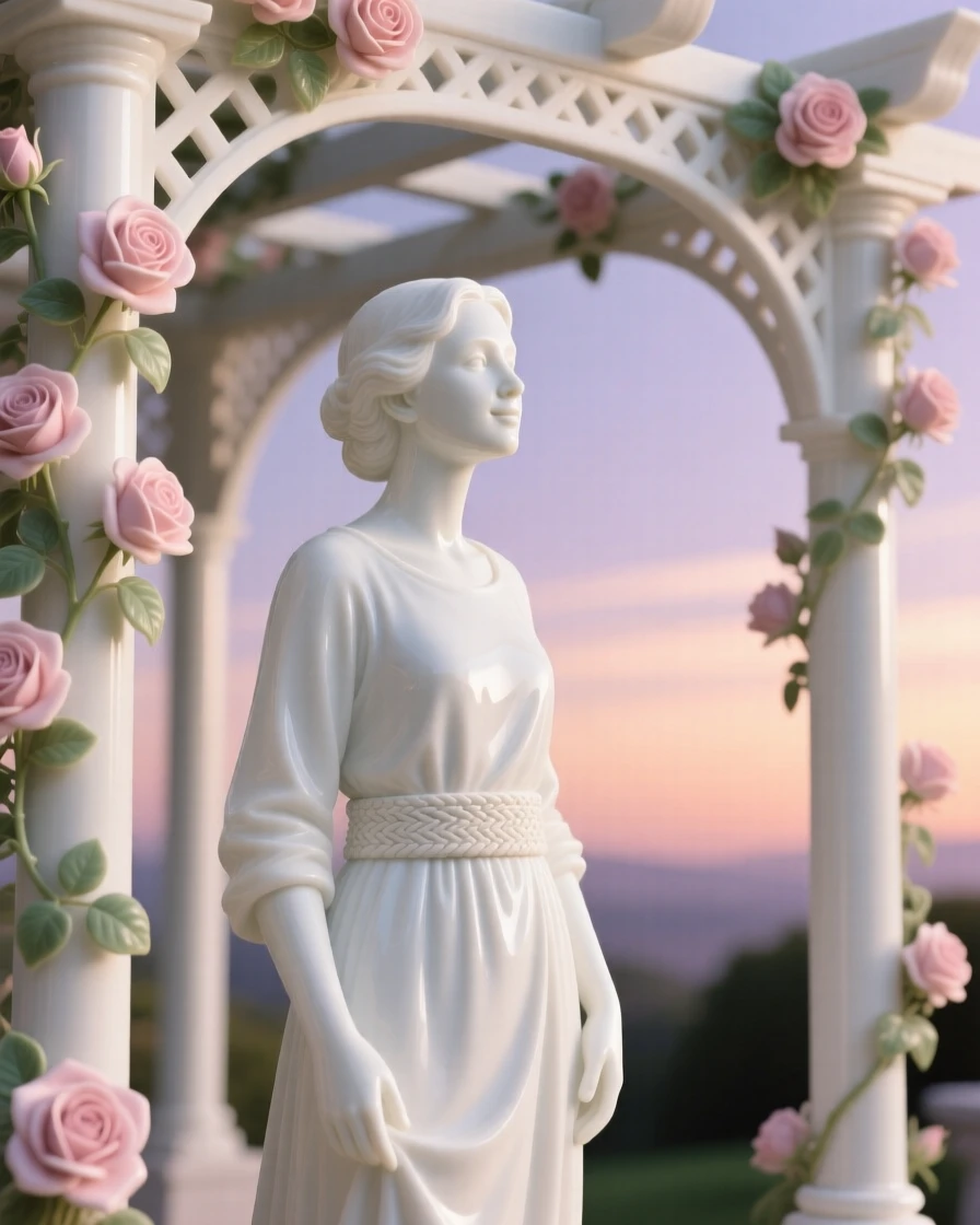 A poet gazing toward the horizon, wearing a simple linen dress with a woven belt, a faint, knowing smile on her lips, set against a rose-covered pergola at sunset.