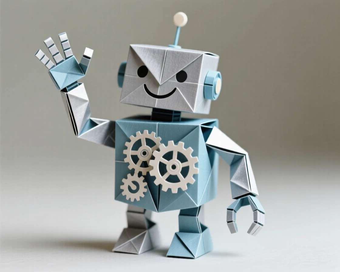 A small robot companion waving hello with one mechanical arm raised, gears visibly turning.