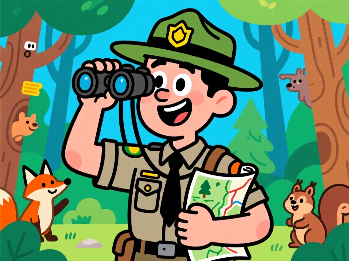 A vibrant profession-themed portrait of a dedicated park ranger pointing out wildlife through binoculars, trail map tucked under one arm.
