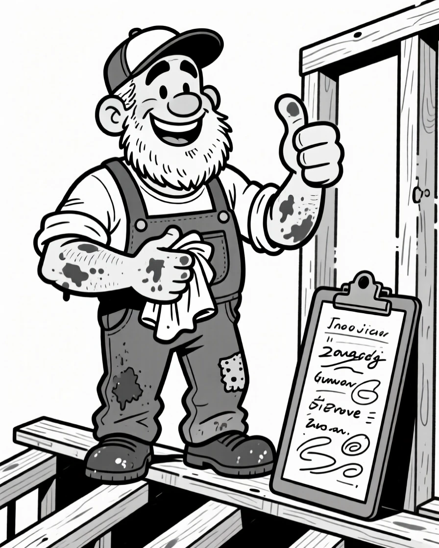 A gruff but kind mechanic wiping grease off his hands, giving a thumbs-up mid-operation, set on top of a half-built house frame. A clipboard full of illegible notes rests nearby. It's a lighthearted tribute to a job well loved.