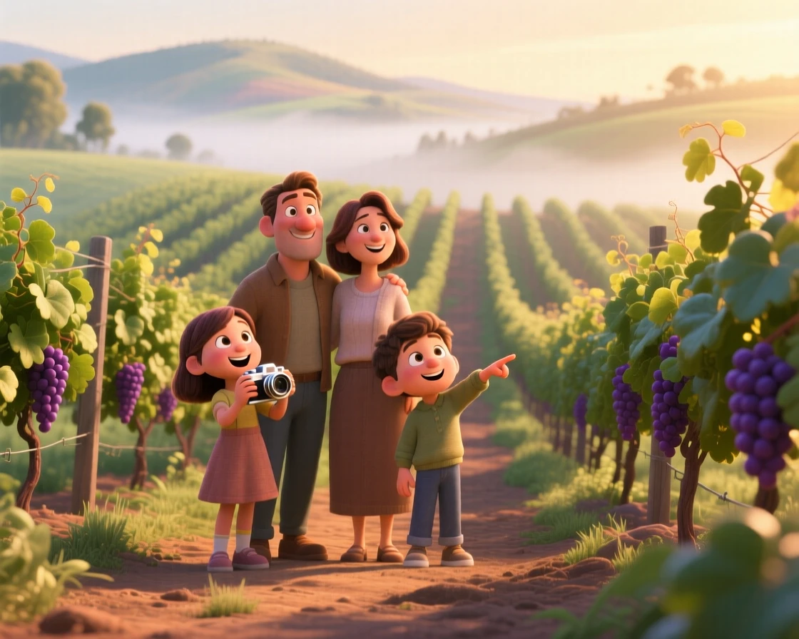A family taking in the view stands in a vineyard with rows stretching into the distance, snapping a photo of the breathtaking landscape. A warm sense of gratitude and wanderlust colors the moment, with a light mist clinging to the distant hills.