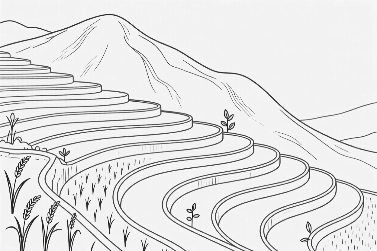 A terraced rice field carved into a mountainside
