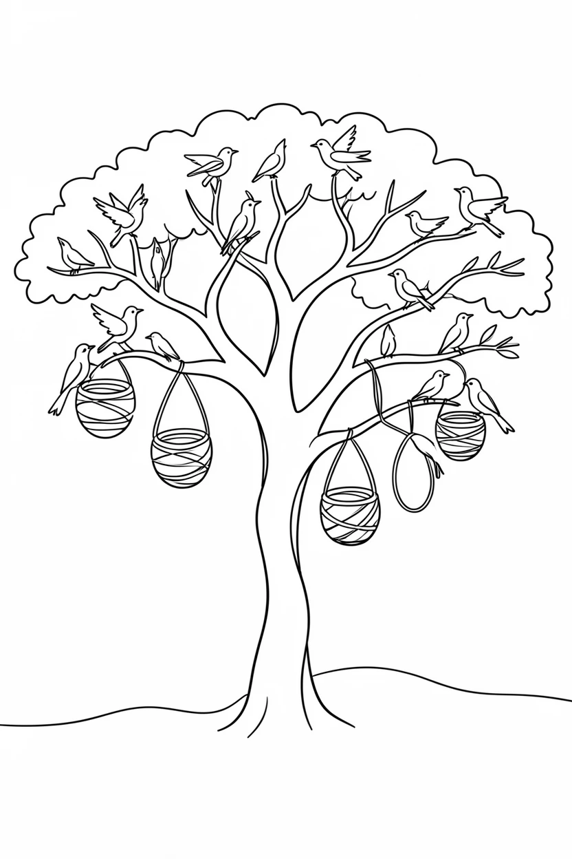 A colony of weaver birds building nests in a large acacia tree