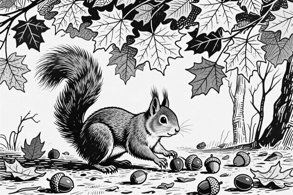 A squirrel gathering acorns beneath a canopy of autumn leaves.