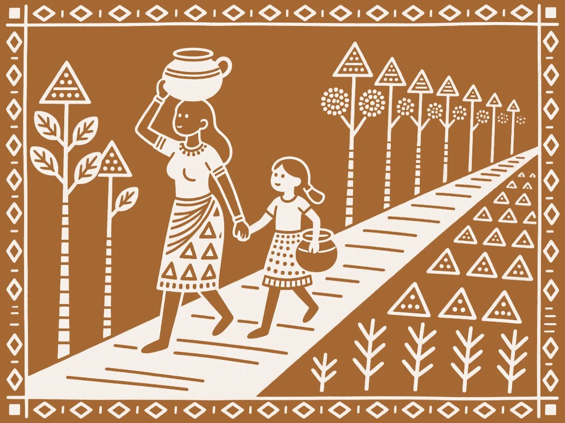 A mother and her grown daughter helping each other carry water home along a path leading to the fields.
