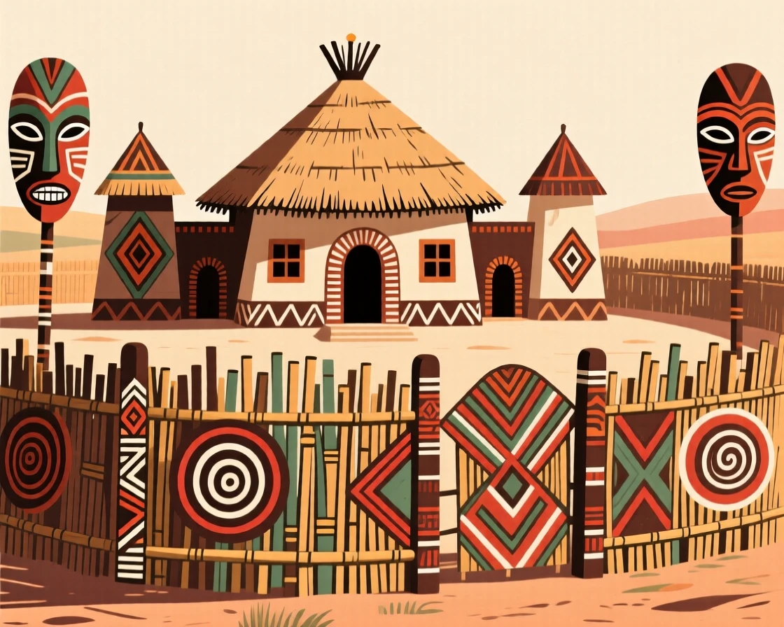 A royal compound surrounded by a protective reed fence.
