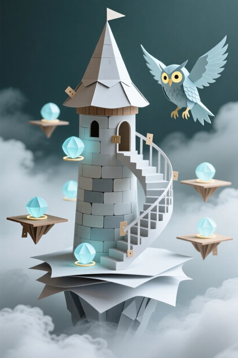 A wizard's floating tower rising above misty clouds, connected by spiral staircases and glowing orbs of light, an owl circling nearby, evoking magic and solitude.