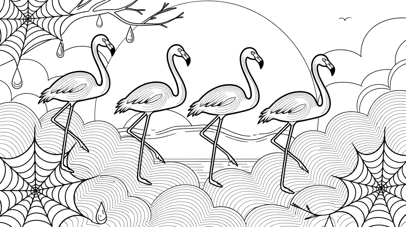 A flock of flamingos gliding through storm clouds at sunset, with delicate spider webs strung between branches.