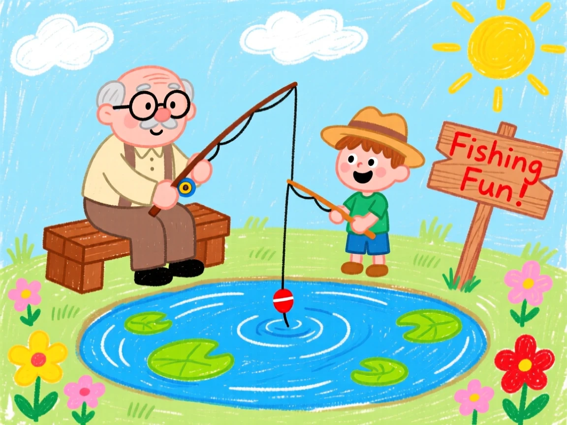 A grandfather teaching his grandson how to fish at a quiet pond.