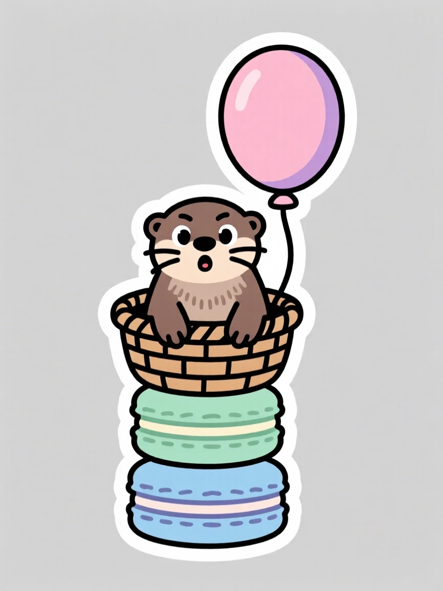 A surprised curious baby otter sitting inside a floating balloon basket, on top of a stack of pastel macarons.