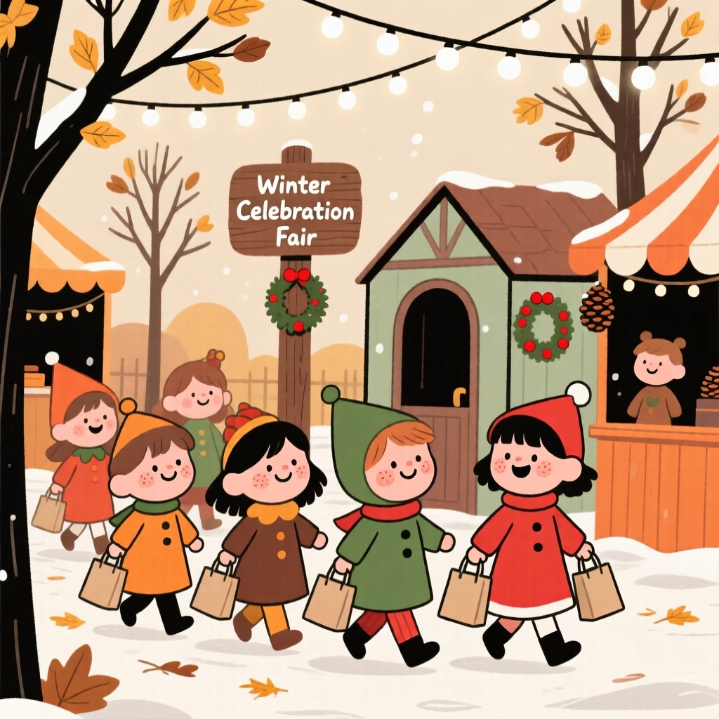 Children in colorful costumes carry small paper bags through a autumn fairground decorated for a winter celebration, giggling at every doorway.