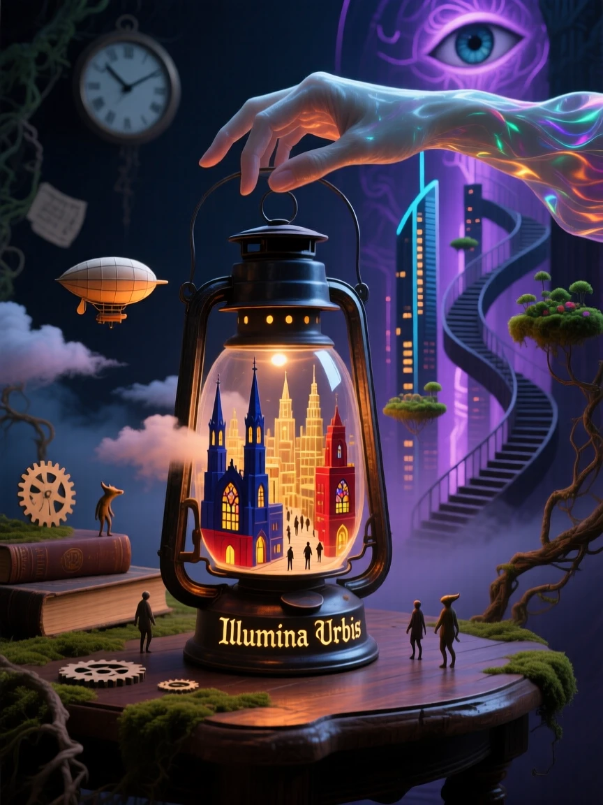 A miniature city glowing softly inside an old glass lantern reveals itself only when held up to the light, while everything beyond its edges fades into soft shadow.