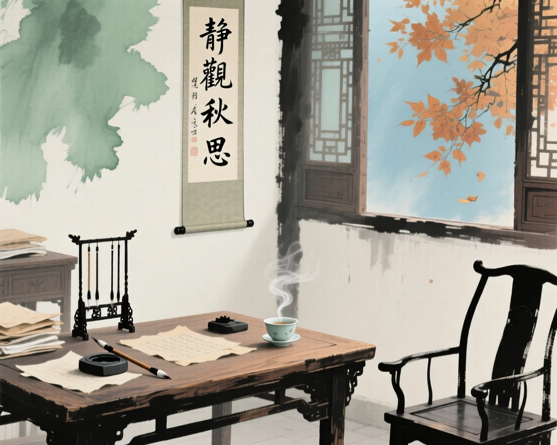 A quiet study filled with the scent of ink and old paper, brimming with peaceful contentment, in late autumn.