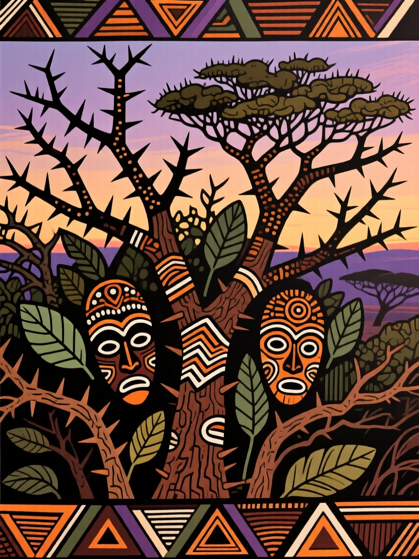 A thicket of thorny acacia bushes at dusk.