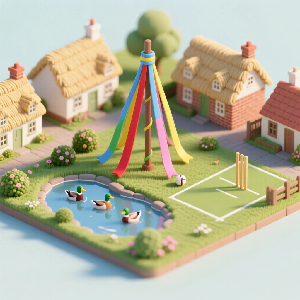 A quaint English village green with a duck pond, a cricket pitch, thatched cottages surrounding the square, and a maypole decorated with colorful ribbons.