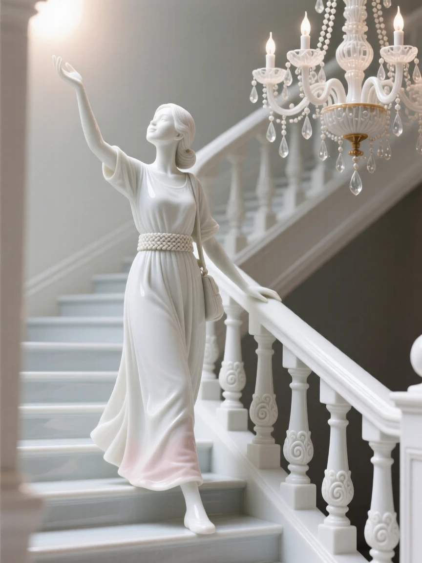 A traveler reaching upward toward the light, wearing a simple linen dress with a woven belt, a faint, knowing smile on her lips, set against a grand staircase lit by chandeliers.