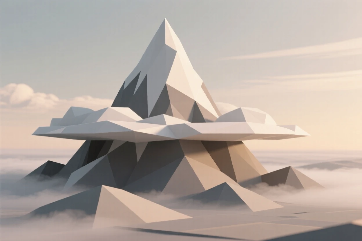 A dramatic mountain peak piercing through clouds, with mist rolling gently across the ground. the composition uses a wide, sweeping perspective. A gentle warmth radiates through the scene.