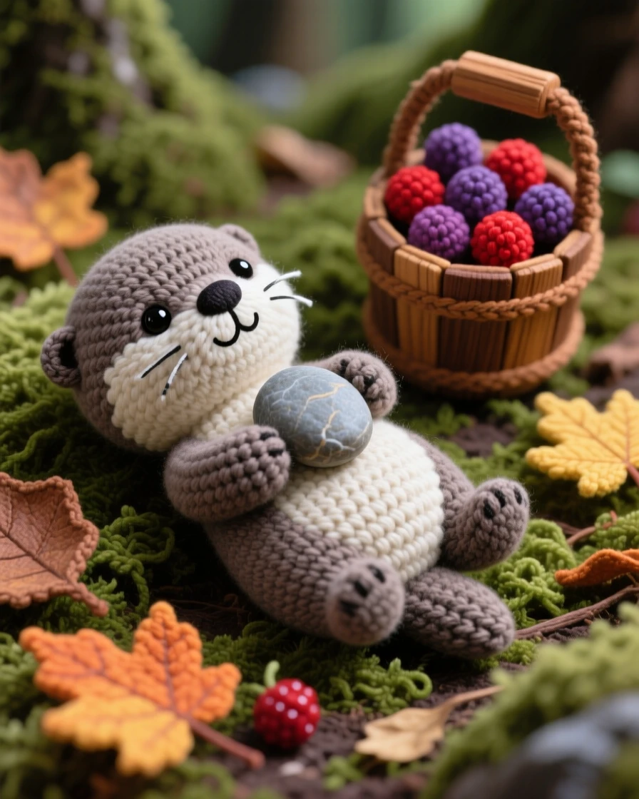 a small baby otter with a favorite pebble held tightly against its chest is shown floating peacefully on calm water within a mossy forest floor covered in fallen leaves, accompanied by a small wooden bucket half filled with berries, capturing a peaceful, drowsy calm settling over the scene.