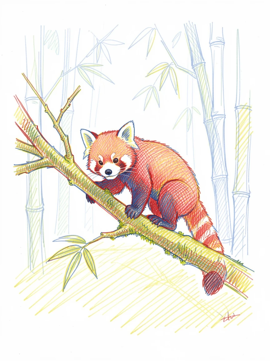 A red panda climbing along a moss-covered branch in a misty bamboo forest