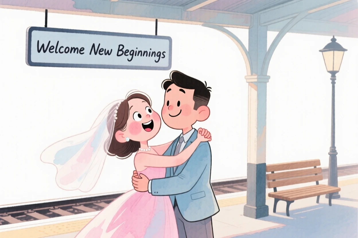 Newlyweds exchanging a warm hug at a train station platform
