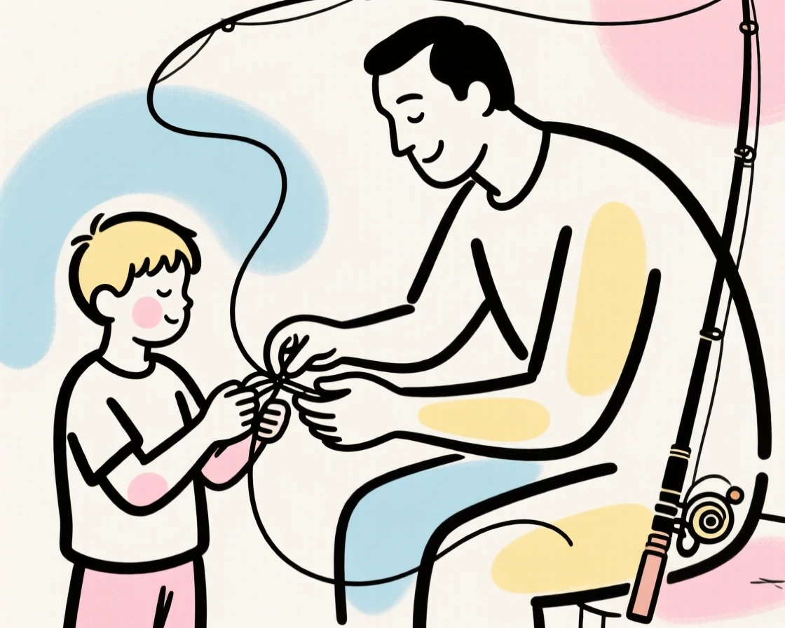 A father teaching his son to tie a fishing knot