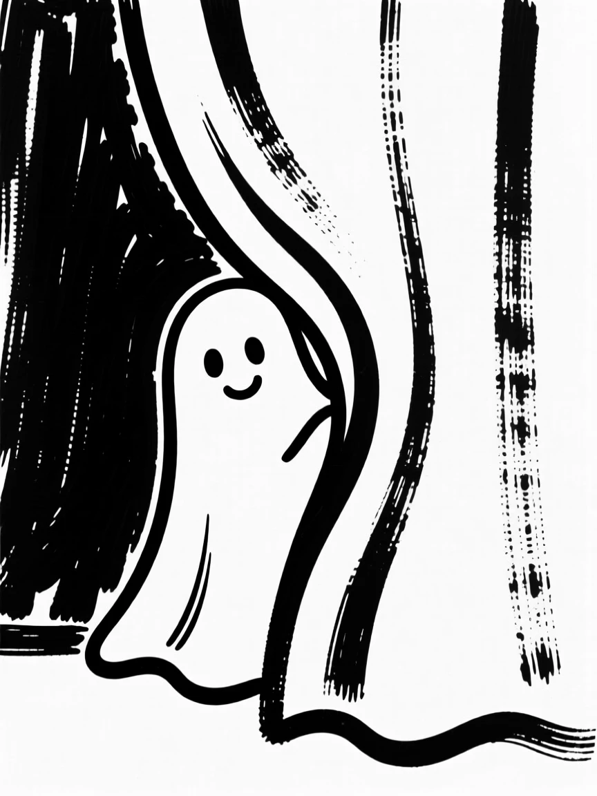 A small ghost character peeking out from behind a curtain, smiling shyly.