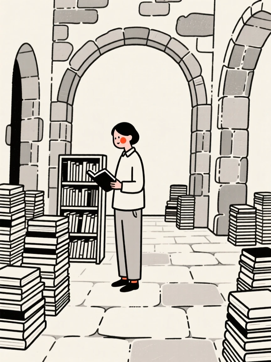A librarian surrounded by books in an old stone courtyard.