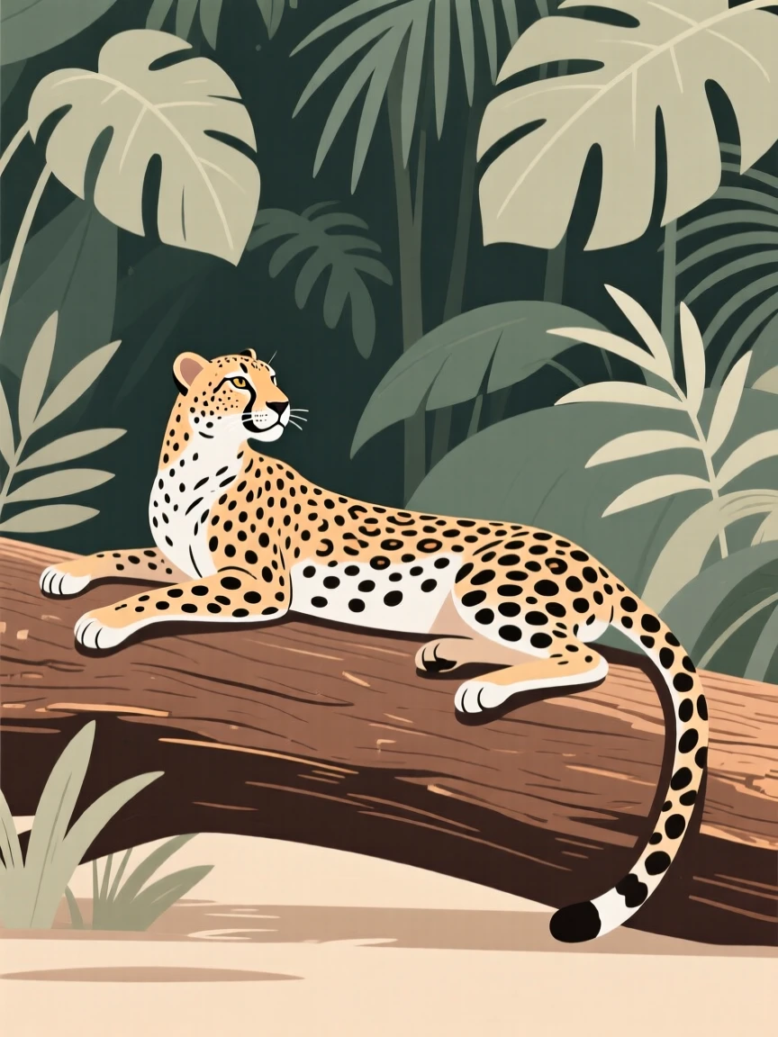 A majestic cheetah resting on a fallen log overlooking the dense jungle.