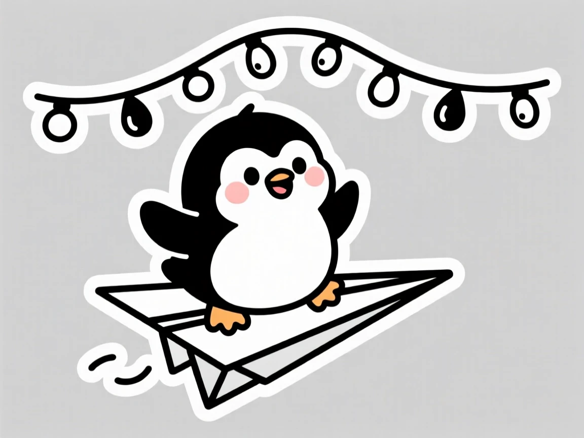 A playful plump penguin chick riding a tiny paper airplane, under a string of fairy lights.