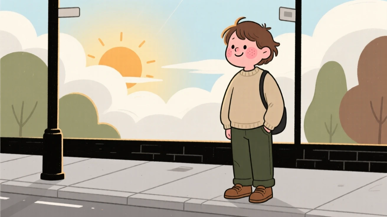 A tired commuter pauses mid-morning errands to watch the sun breaking through the clouds, a small smile crossing their face at the simple beauty of it.
