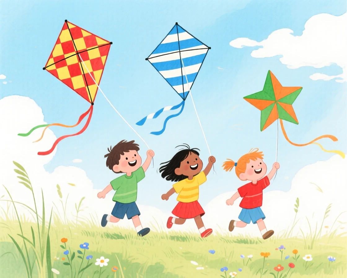 Children flying colorful kites on a breezy summer afternoon, filled with seasonal charm.