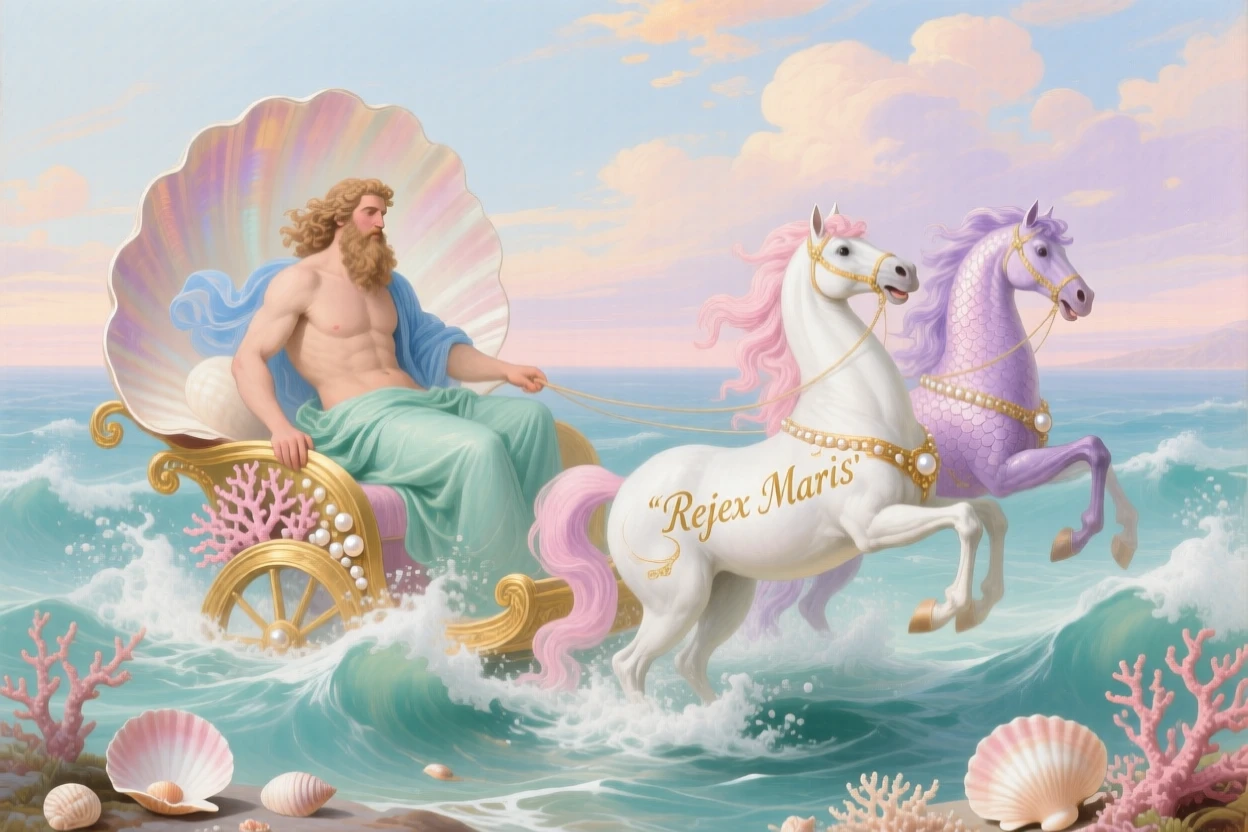 Neptune rising from foaming waves in a chariot drawn by sea horses  