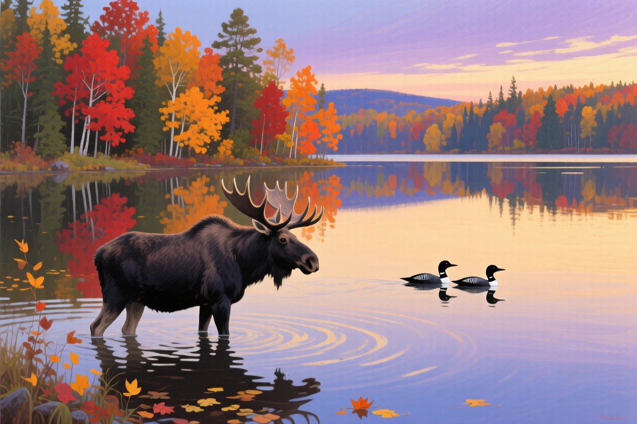 A tranquil lake in the Canadian wilderness reflects blazing autumn foliage, a moose wading at the water's edge, loons calling across the still surface at dusk, everything rendered with quiet clarity under the steady, natural light of the hour.