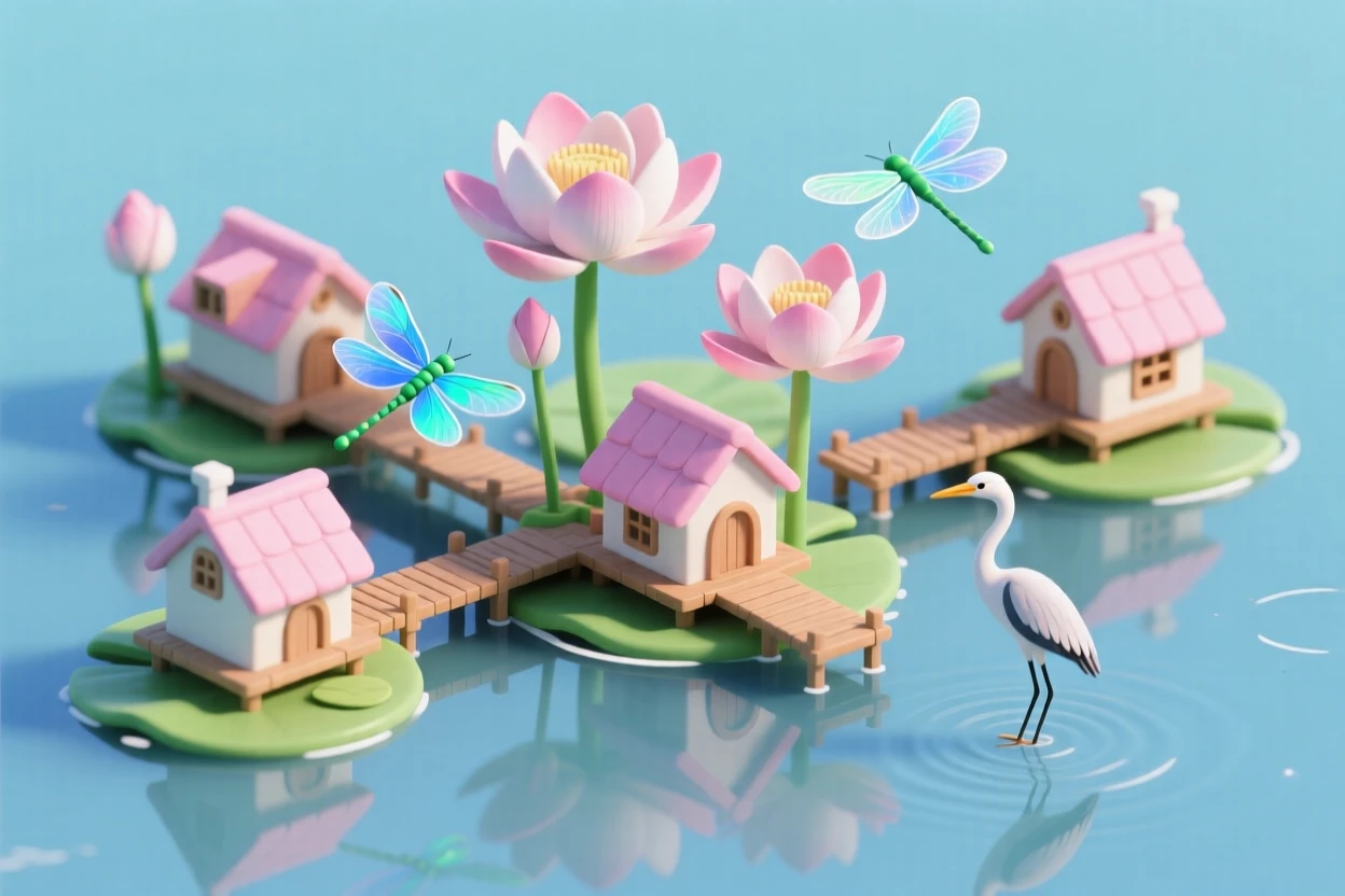 A floating lily pad village on a still lake, with lotus-shaped homes, dragonflies darting between platforms, and a heron standing at the water's edge.