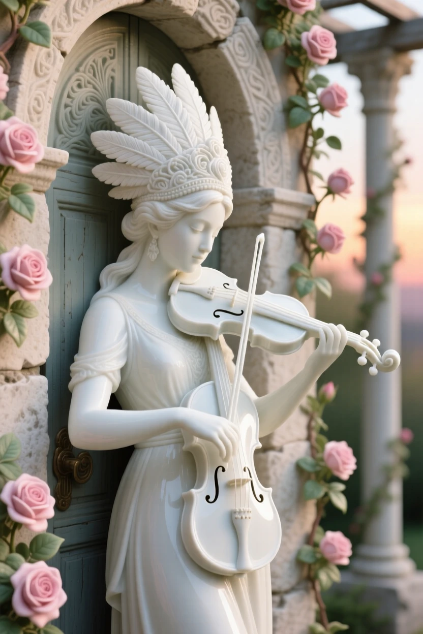 A violinist leaning against an ancient doorway, wearing a feathered ceremonial headdress, her posture calm and dignified, set against a rose-covered pergola at sunset.