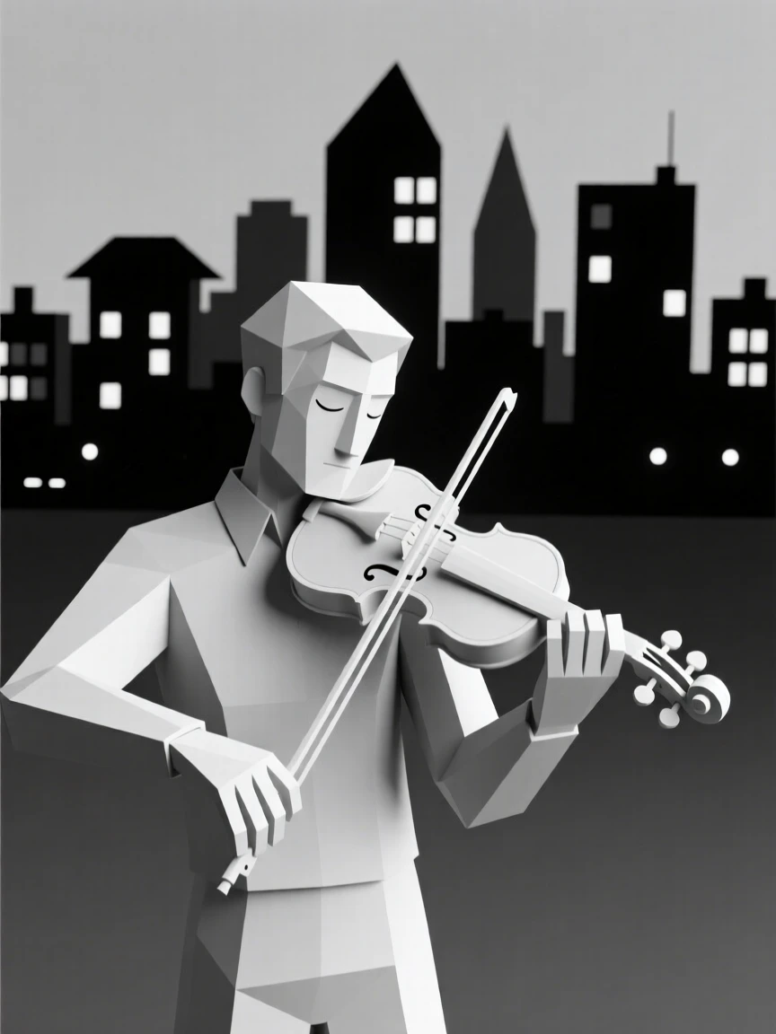 A musician lost in the moment playing violin, against a backdrop of city lights. fine details in expression bring the moment to life. The atmosphere feels calm and reflective.