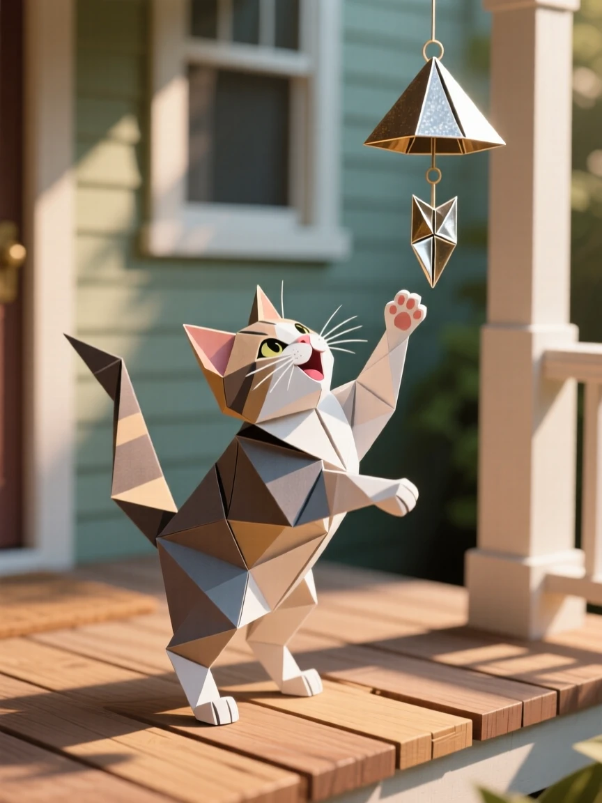 A kitten batting at a dangling wind chime on a porch, tail raised in excitement.