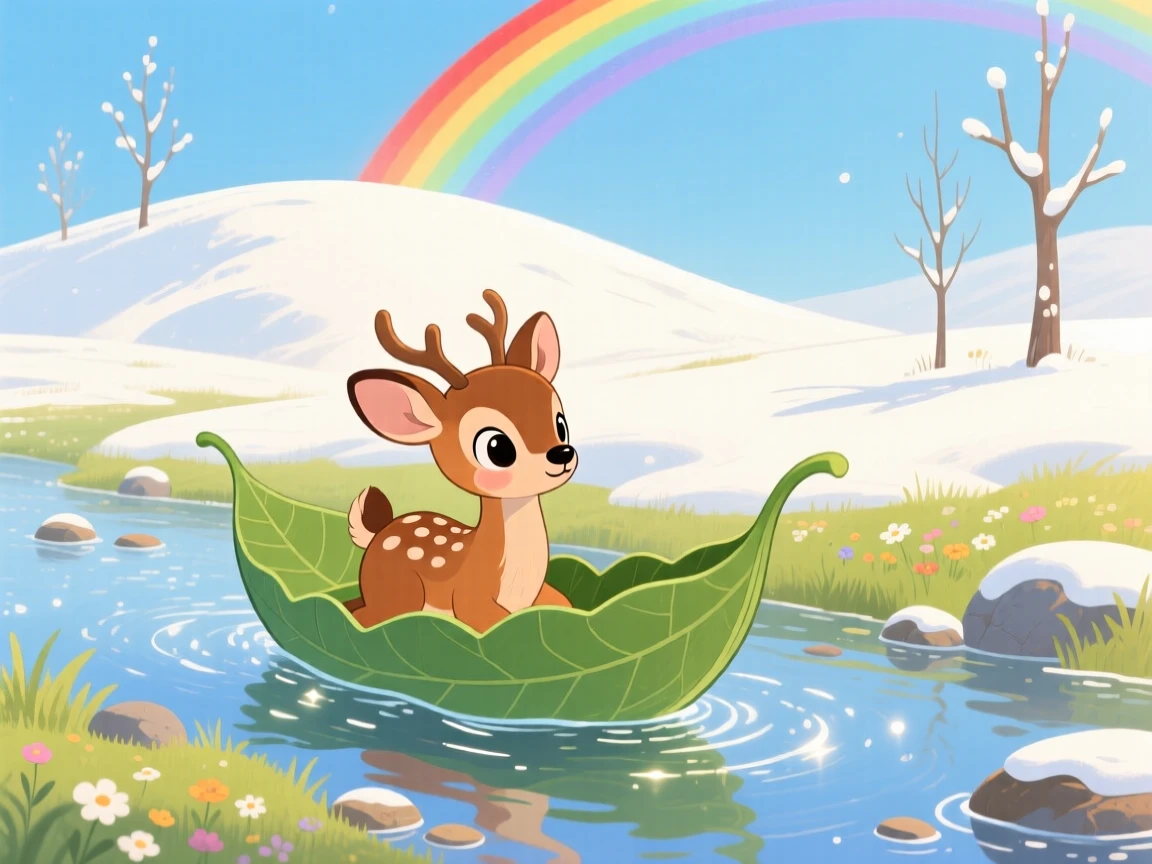 A young deer pauses from riding a leaf boat down a stream to look up in a snow-covered hill, with a rainbow arching in the distance.