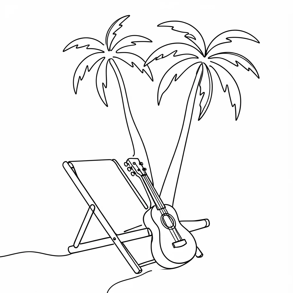 A ukulele resting against a beach chair beneath swaying palm trees