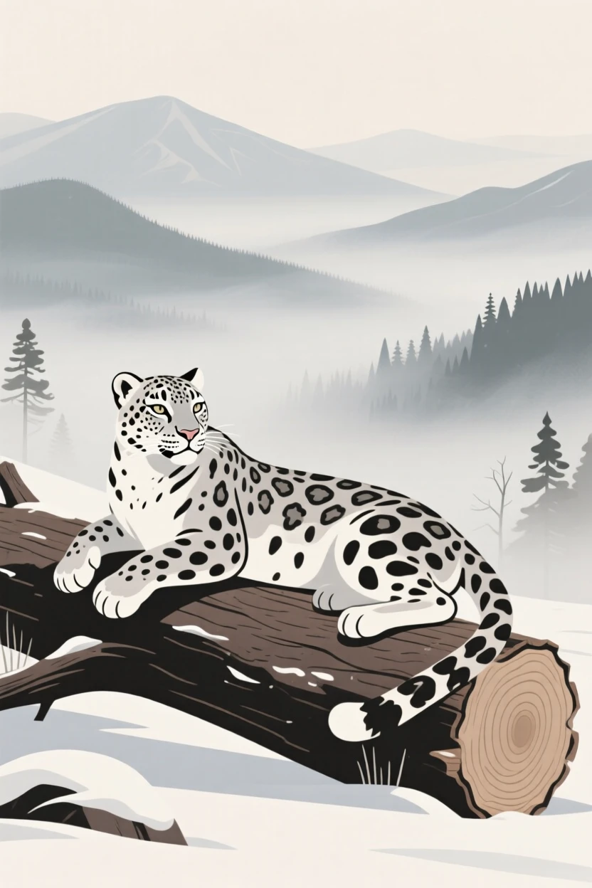 A majestic snow leopard resting on a fallen log overlooking the misty valley.