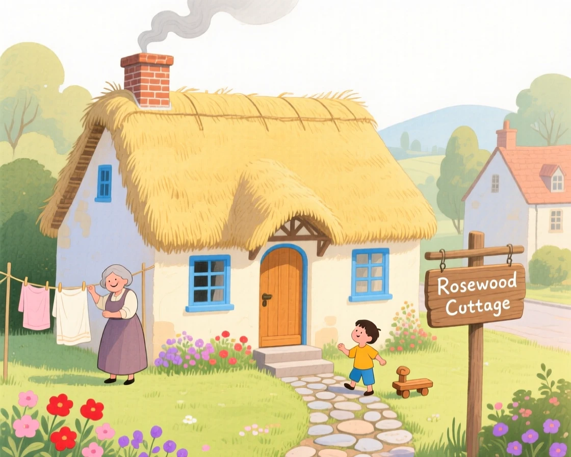 A thatched-roof cottage with a smoking chimney, bustling gently with everyday village life.