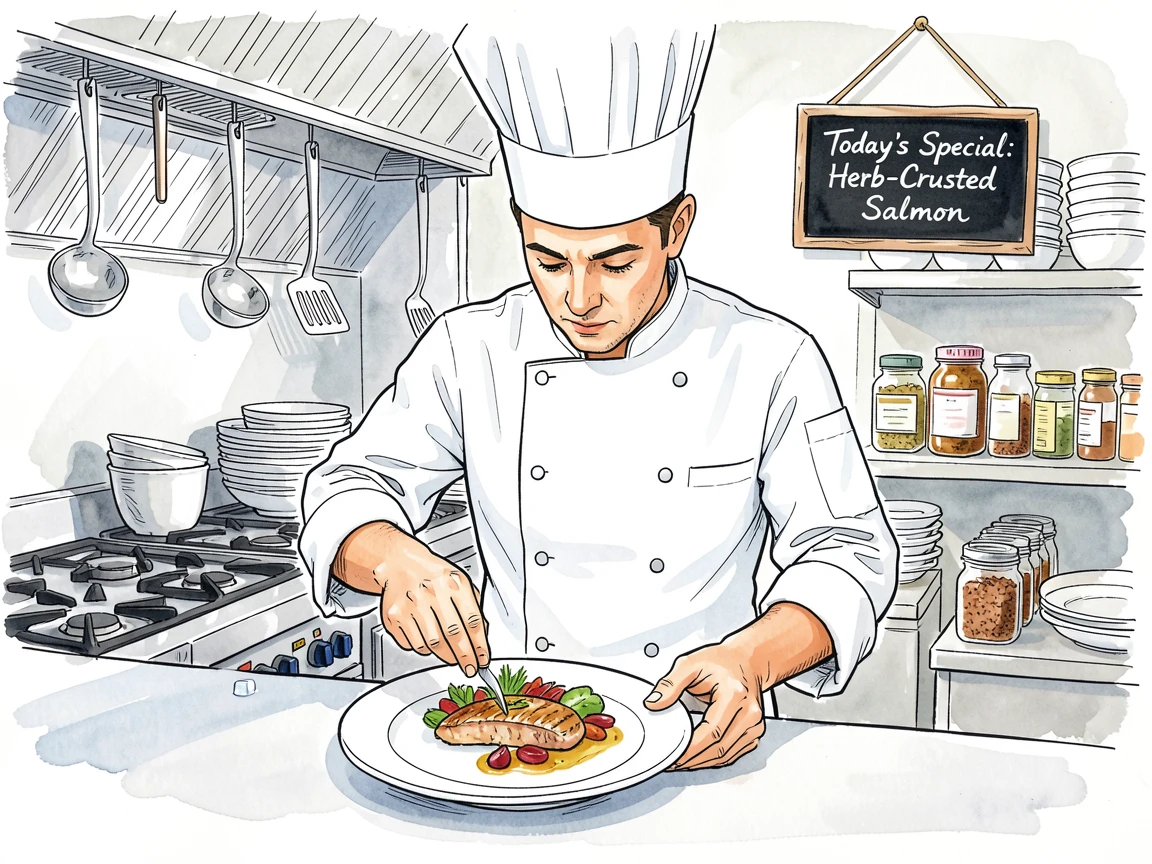 A chef plating a beautifully arranged dish in a bustling restaurant kitchen