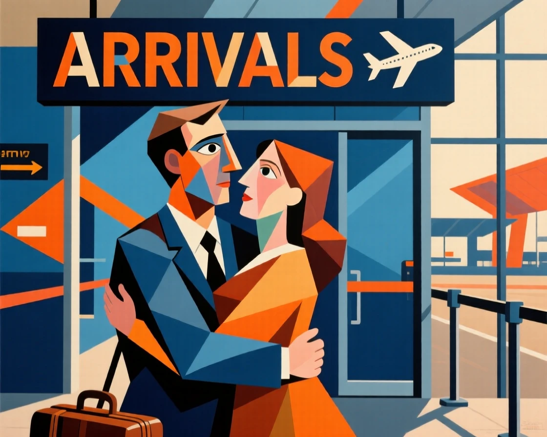 A traveler embracing a loved one at the airport arrivals gate.