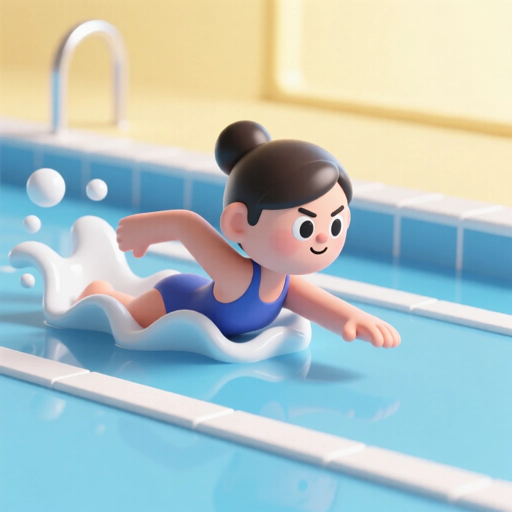 A determined swimmer bursts from the water mid-stroke, droplets flying as she races down a sunlit pool lane.