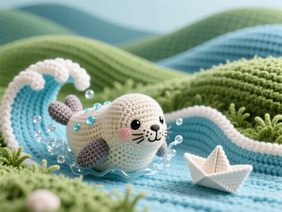 A heartwarming close-up of a plump baby seal splashing, with water droplets glistening on its fur, diving playfully beneath a small wave in a soft grassy hill overlooking a valley; a tiny paper boat floating nearby completes the scene, radiating a serene, storybook stillness.