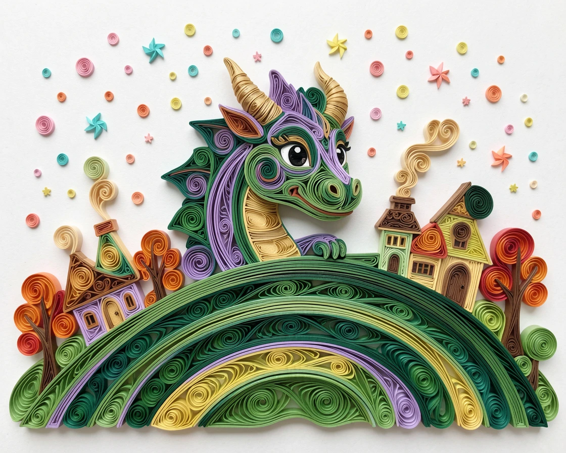 a picture-book dragon peeking shyly from behind a hill, in a whimsical storybook village, composed with a fun, exaggerated sense of scale, with confetti-like sparkles throughout the scene.